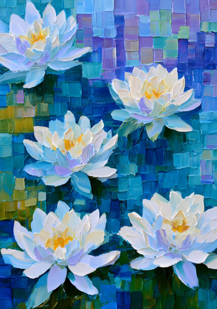 青いモザイク背景に白い睡蓮が浮かぶ青い花 アートパネル