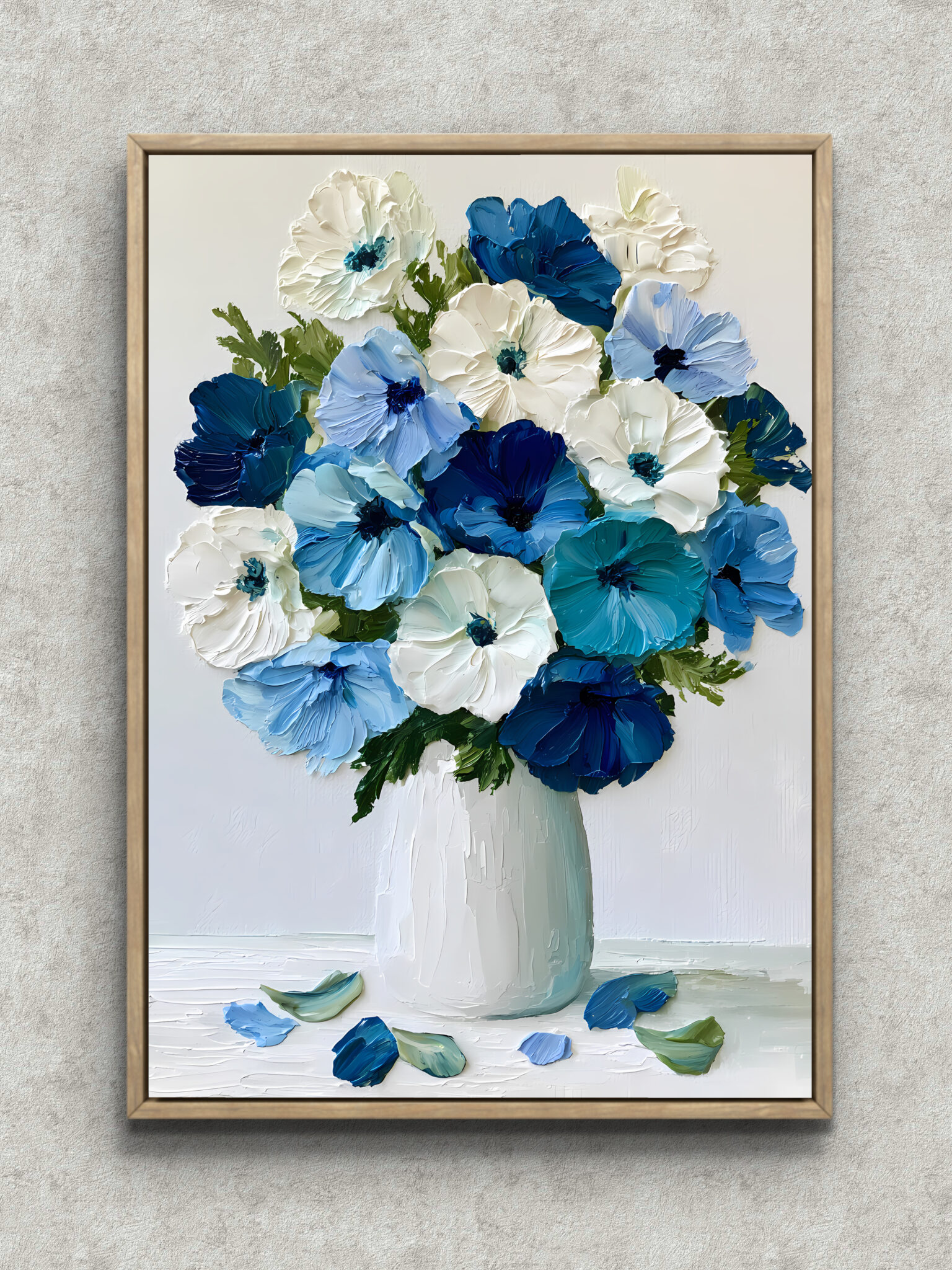 blue-white-bouquet-interior-art-main-1-ma-10596.jpg 青と白の花束を厚塗り風に描いた花瓶付きフラワーアートパネル フレーム設置イメージ