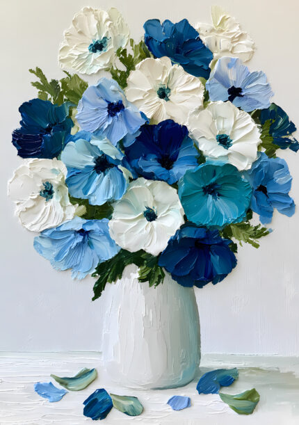 青と白の花束を厚塗り風に描いた花瓶付きフラワーアートパネル