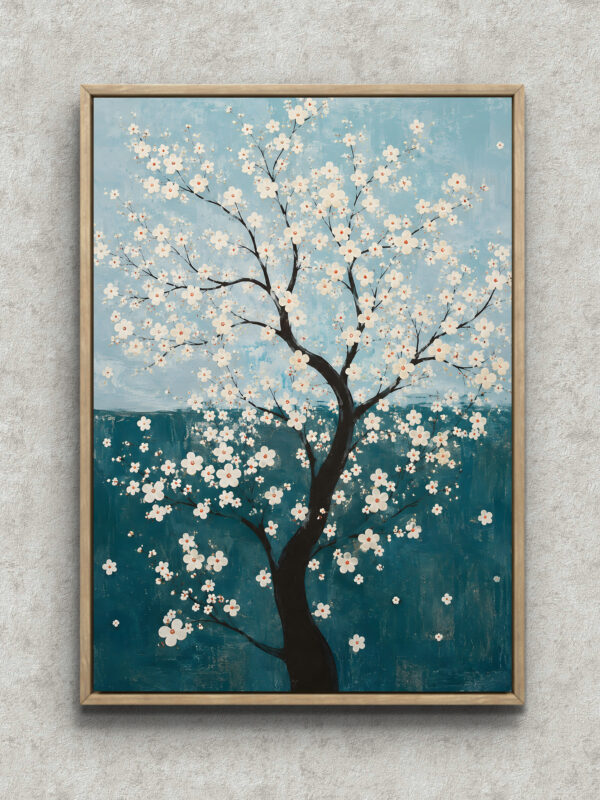抽象 インテリアアート｜水色に白花が広がる縦アート