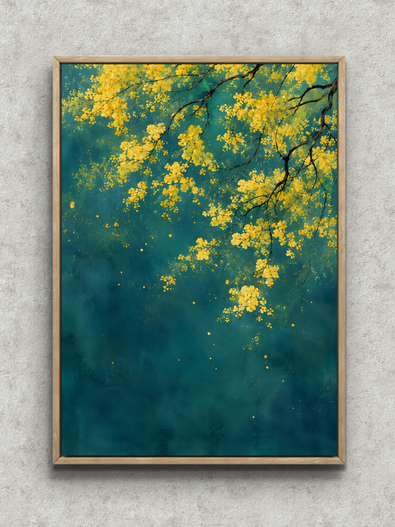 blue-yellow-leaf-interior-art-main-1-ma-10862.jpg 青緑の背景に黄葉と枝が広がる縦構図の青い インテリアアート フレーム設置イメージ