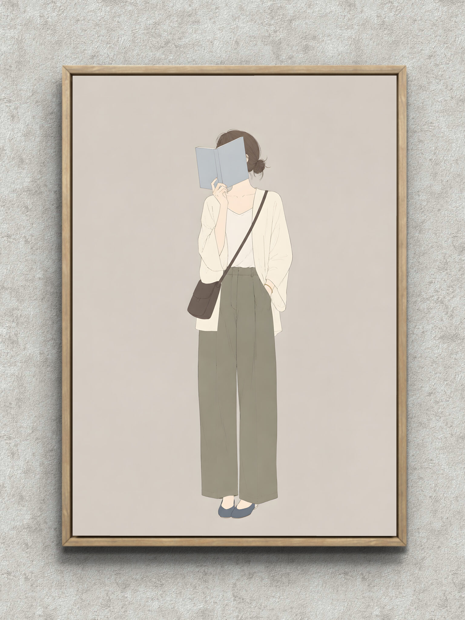 book-face-woman-abstract-interior-art-main-1-ma-10670.jpg 本を顔に当てた女性を淡いベージュで描いた抽象 インテリアアート フレーム設置イメージ