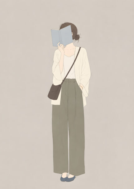 本を顔に当てた女性を淡いベージュで描いた抽象 インテリアアート