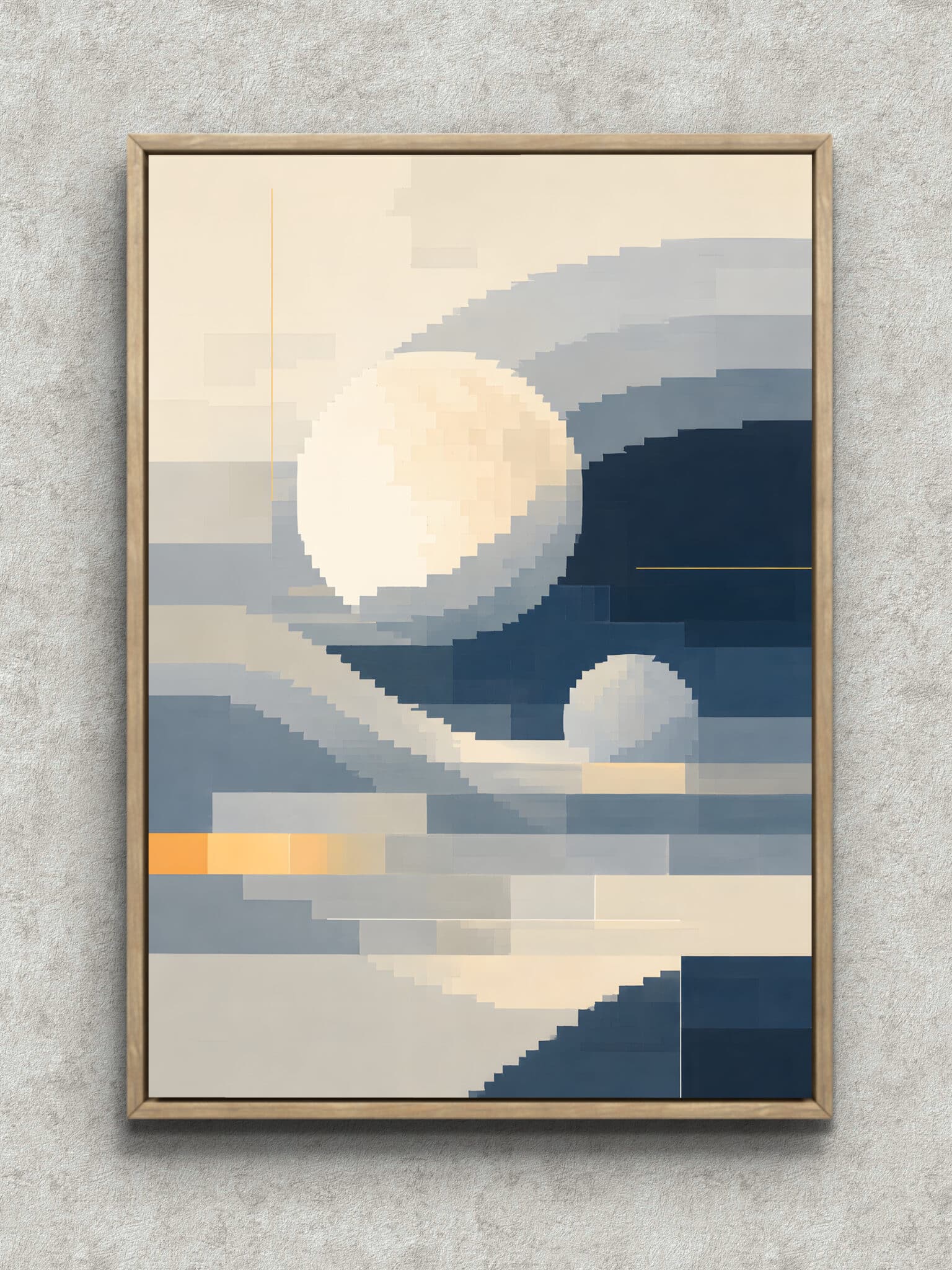 circle-layer-geometric-art-panel-main-1-ma-10727.jpg 生成りと灰青の層に円形モチーフと細線が浮かぶ幾何学アートパネル フレーム設置イメージ