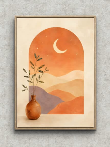 三日月と枝葉、土器風の花瓶を描いたテラコッタ配色の植物 インテリアアート フレーム設置イメージ