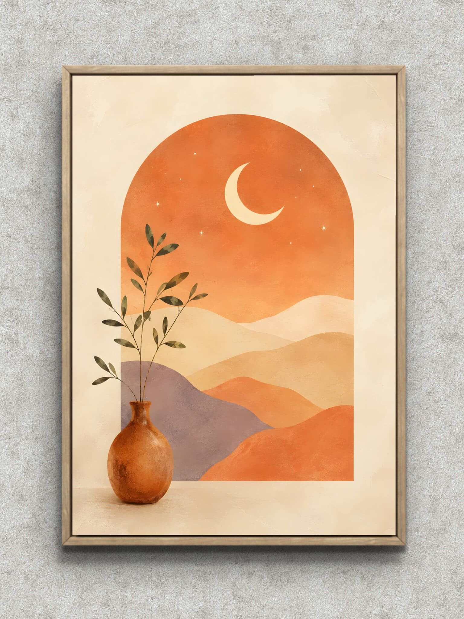 crescent-botanical-vase-interior-art-main-1-ma-10764.jpg 三日月と枝葉、土器風の花瓶を描いたテラコッタ配色の植物 インテリアアート フレーム設置イメージ