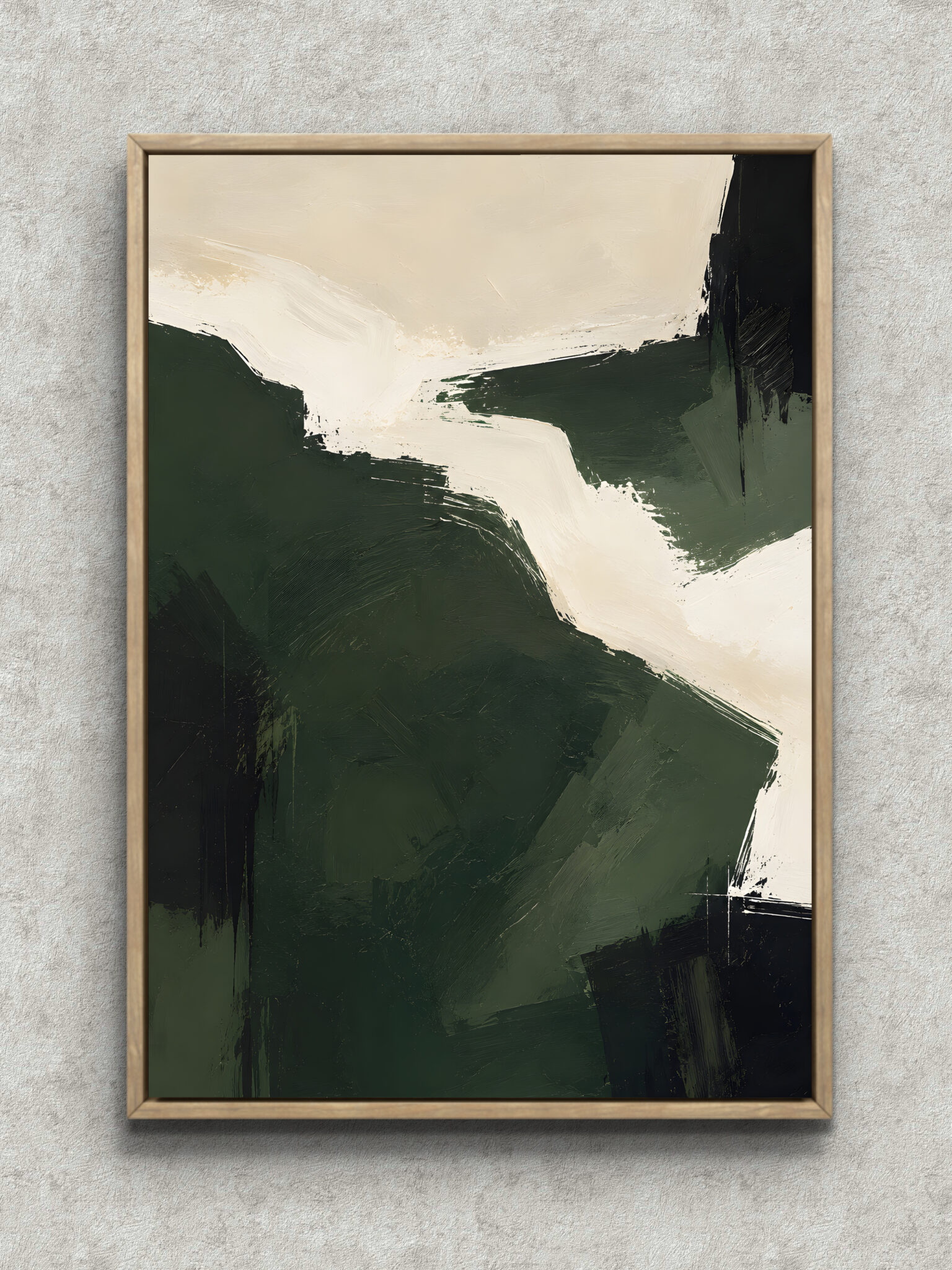 deep-green-diagonal-brush-frame-art-main-1-ma-10722.jpg 深緑とオフホワイトの太い筆致が斜めに走る抽象アートパネル フレーム設置イメージ