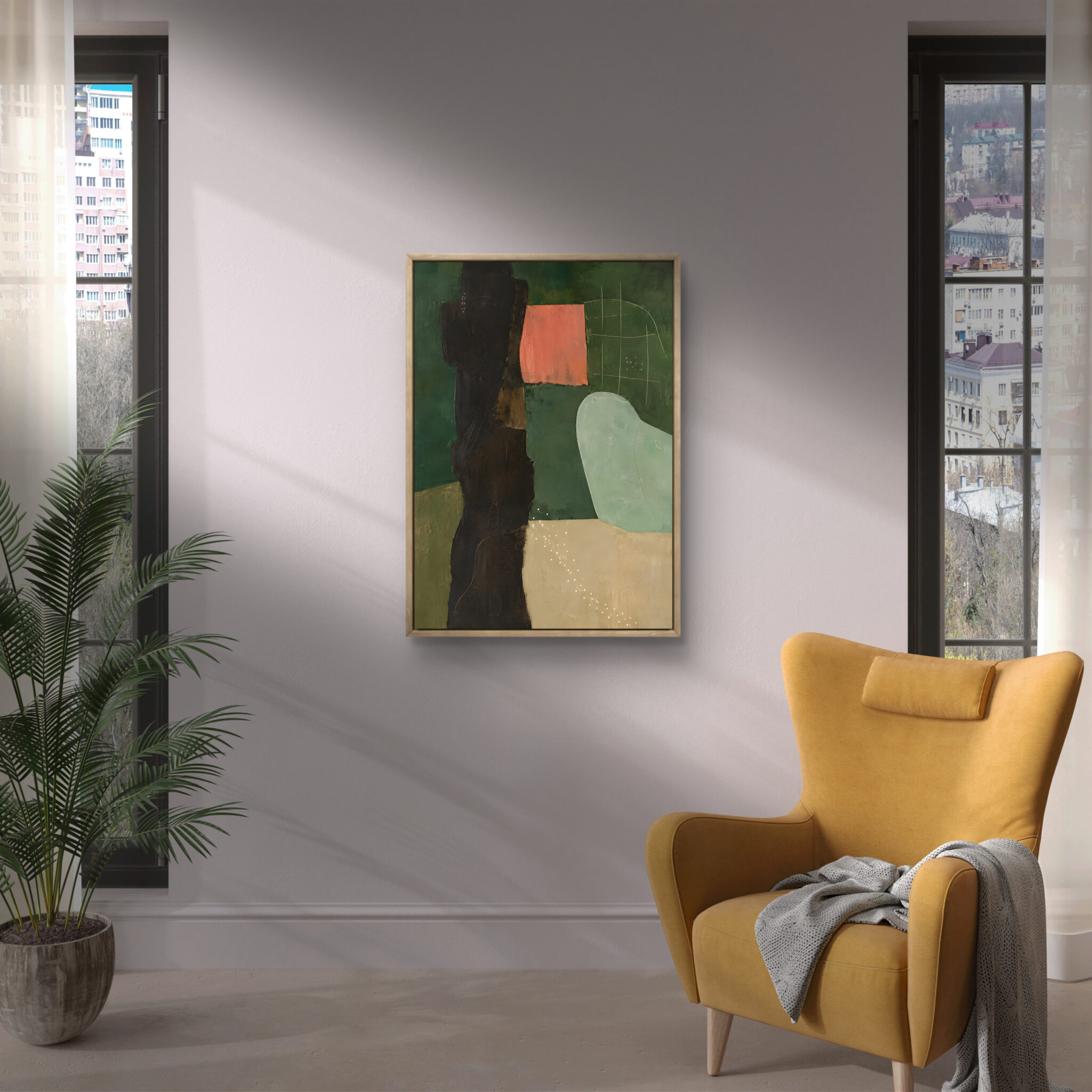 グリーン 絵画｜深緑とピンクが静かに映る抽象作品