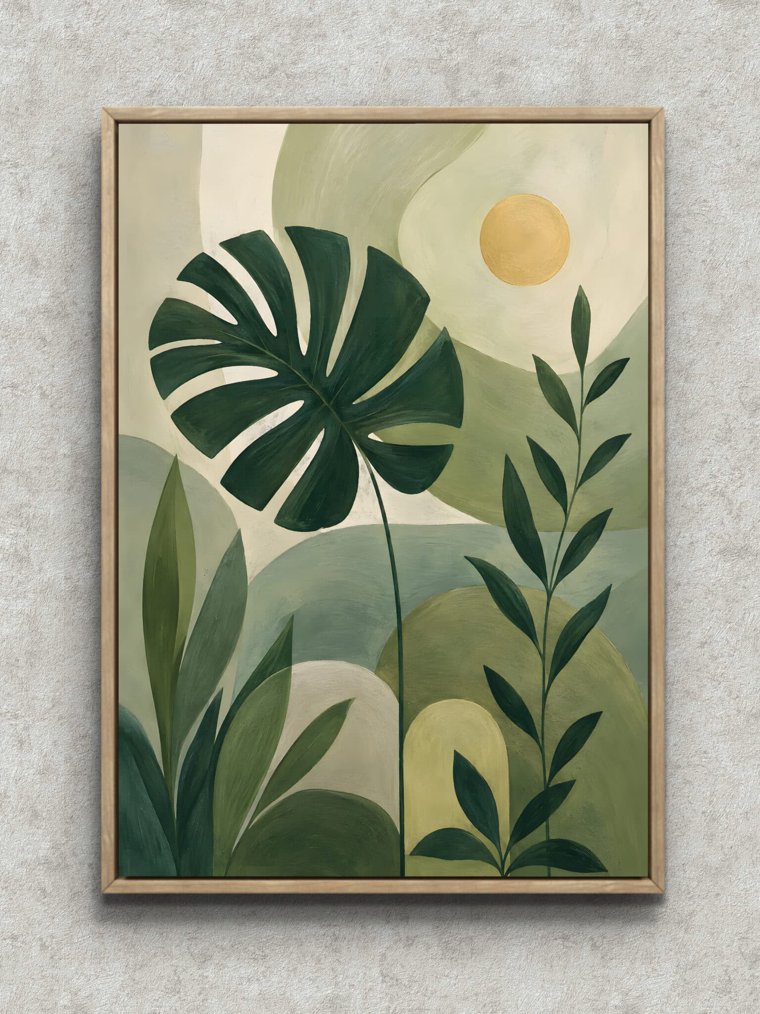 deep-green-monstera-soft-light-botanical-art-main-1-ma-10751.jpg 深緑のモンステラと淡い円形の光を描いたボタニカルアートパネル フレーム設置イメージ