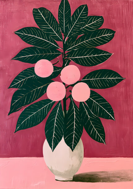 濃い緑の大きな葉と淡い実を描いた鉢植えの植物 インテリアアート