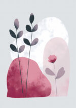くすみピンクの花と細い葉を描いた植物 インテリアアート