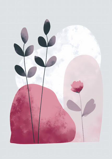 くすみピンクの花と細い葉を描いた植物 インテリアアート