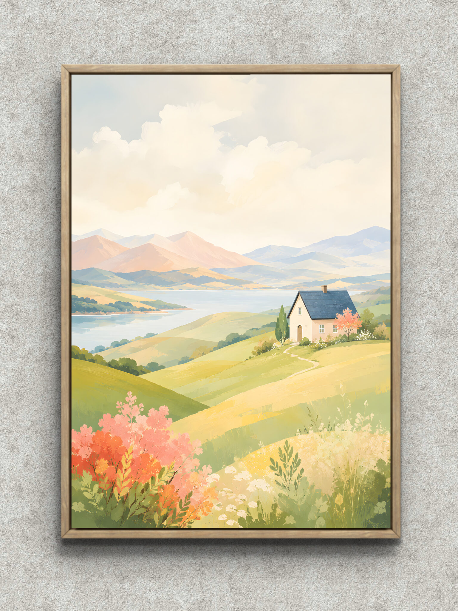 gentle-hill-house-landscape-interior-art-main-1-ma-10655.jpg やさしい丘の家 小さな家と湖と花を描いた植物 インテリアアート フレーム設置イメージ