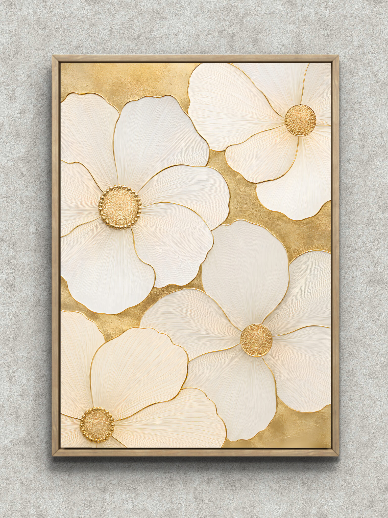 gold-floral-geometric-art-panel-main-1-ma-10690.jpg アイボリーとゴールドで大輪の花が連なる幾何学アートパネル フレーム設置イメージ