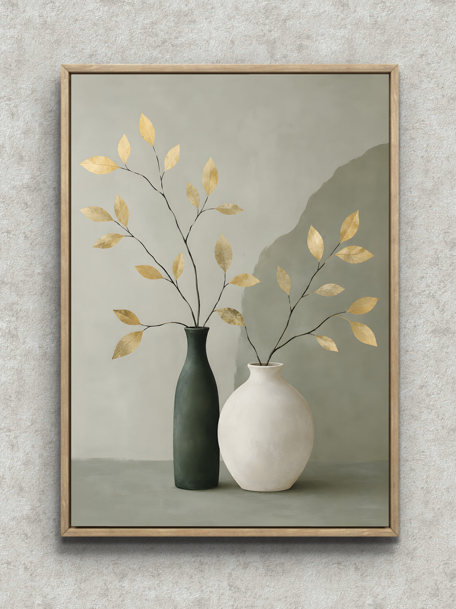 gold-leaf-vase-botanical-interior-art-main-1-ma-10644.jpg 金色の葉をつけた枝とふたつの花器を描いた植物 インテリアアート フレーム設置イメージ