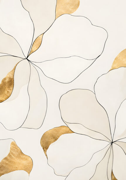 金箔調の花びらと細い線で描いたミニマル 花 アートパネル