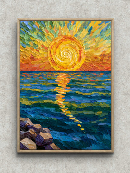 大きな金色の太陽と海面の反射光を描いた縦構図の風景アートパネル フレーム設置イメージ
