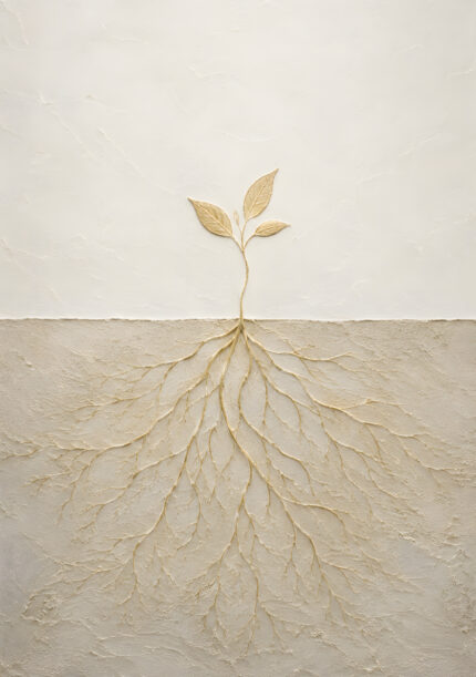 若木と根を淡いゴールドの線で描いた植物 インテリアアート