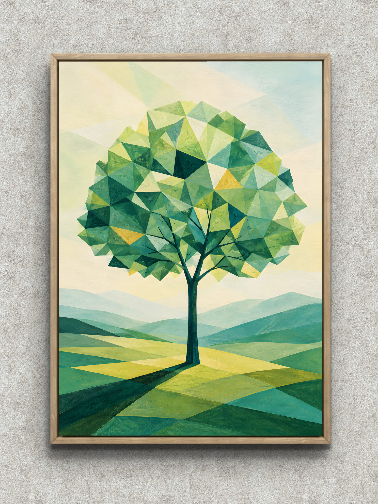 green-tree-hill-modern-art-main-1-ma-10856.jpg 多角形の葉を広げた一本の木とやわらかな丘を描いたグリーン 絵画のアートパネル フレーム設置イメージ