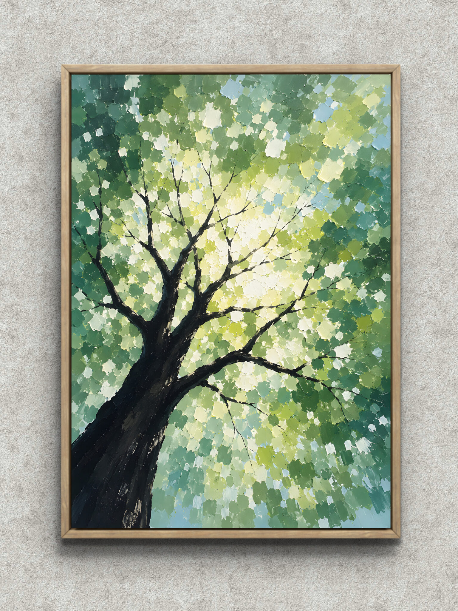 green-tree-light-abstract-interior-art-main-1-ma-10843.jpg 見上げる大樹と木漏れ日を描いた緑の抽象 インテリアアート フレーム設置イメージ