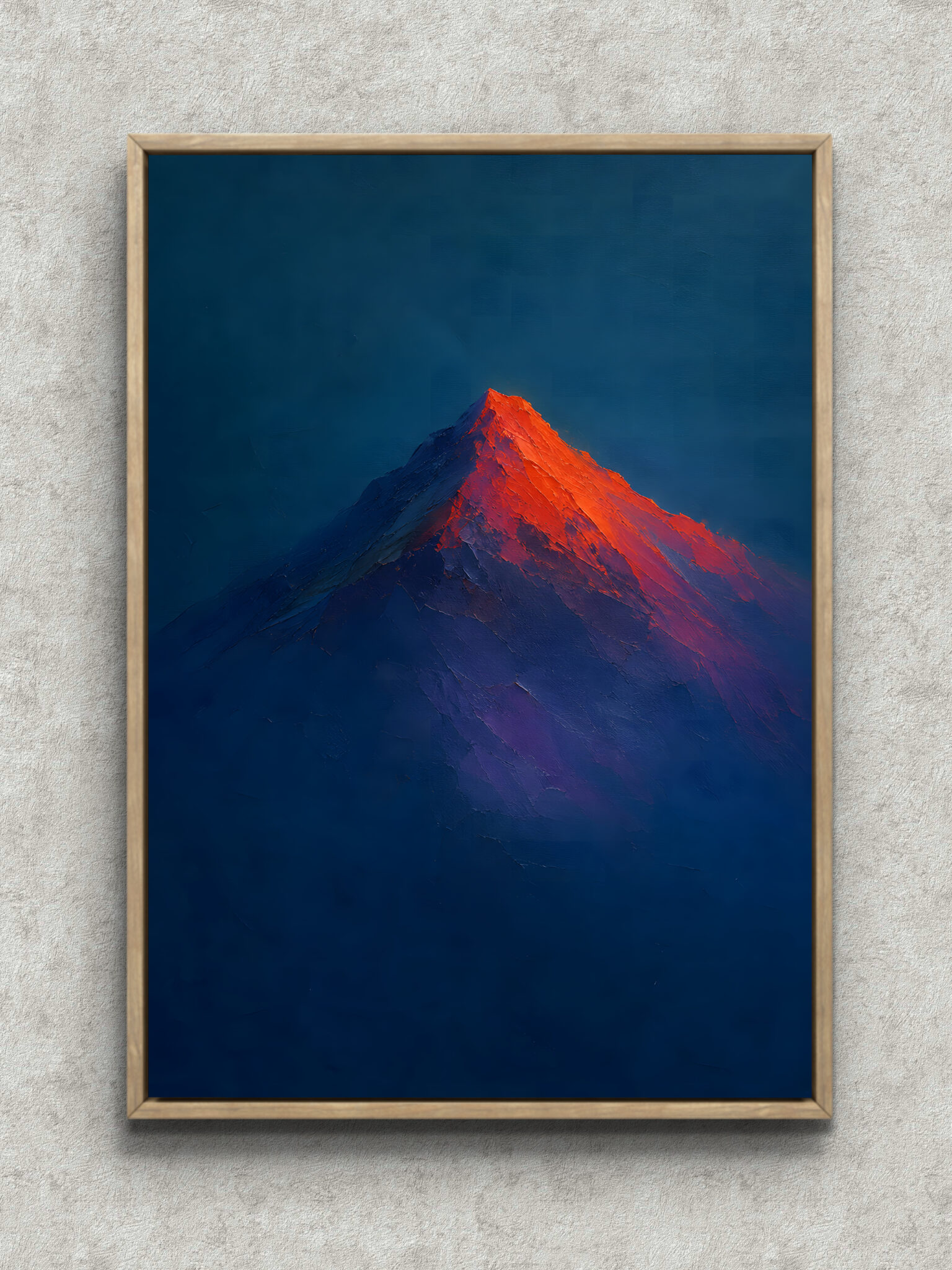 【真作】版画　技法不明　抽象版画　赤と青の構成　アート作品　現代アート　Y184 抽象 インテリアアート｜深い青に赤い頂が浮かぶ山の一枚