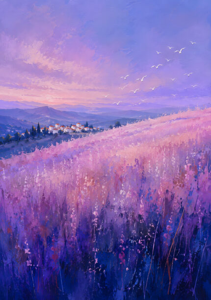 ラベンダー色の花畑と小さな村を描いた空 壁掛けアートのアートパネル