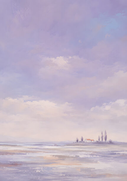 紫の空と小さな家を描いた静かな風景アートパネル
