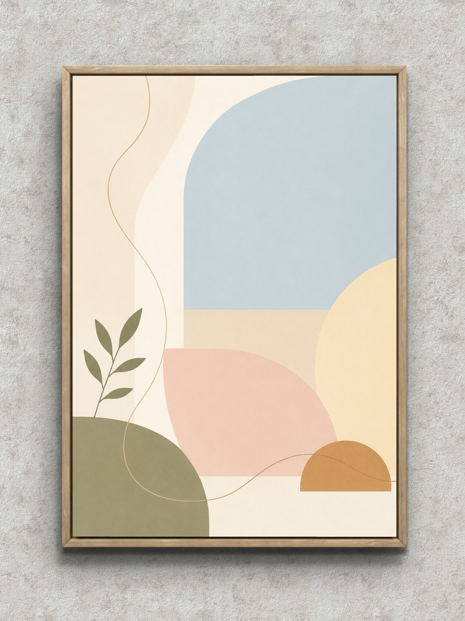 leaf-branch-soft-abstract-botanical-interior-art-main-1-ma-10619.jpg 葉の枝と淡い半円を描いたやわらかな植物 インテリアアート フレーム設置イメージ