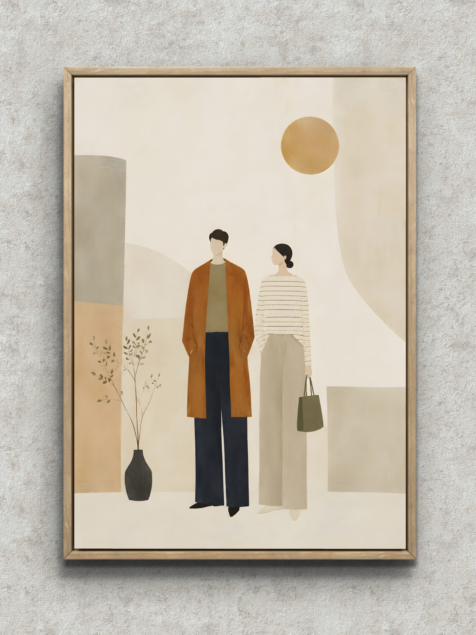 minimal-couple-botanical-wall-art-main-1-ma-10652.jpg 淡いベージュの余白にふたりと植物の枝、丸い太陽を描いたミニマルアートパネル フレーム設置イメージ