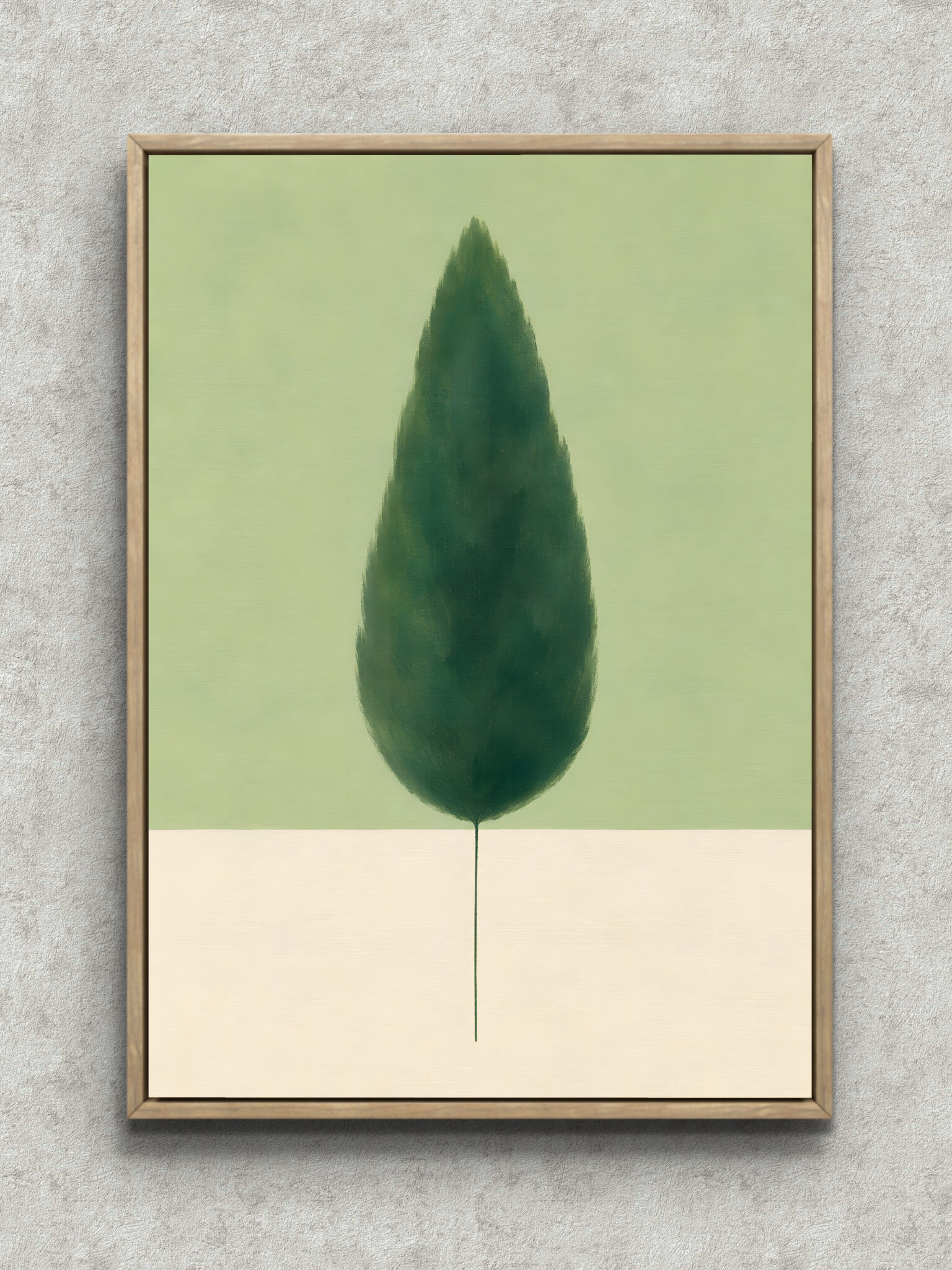 minimal-tree-art-panel-main-1-ma-10634 淡い黄緑の余白に深緑の一本の木が立つミニマル 樹木 アートパネル フレーム設置イメージ