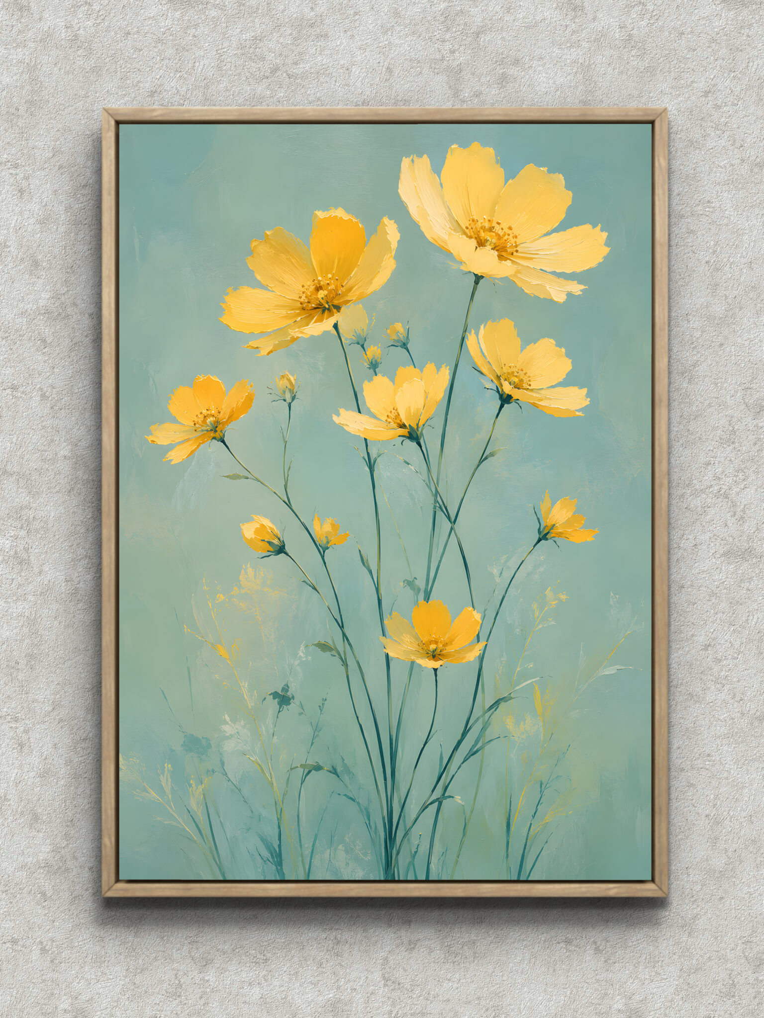 mint-yellow-floral-interior-art-main-1-ma-10643.jpg ミントグリーンの余白に黄色い花が伸びる植物 インテリアアート フレーム設置イメージ