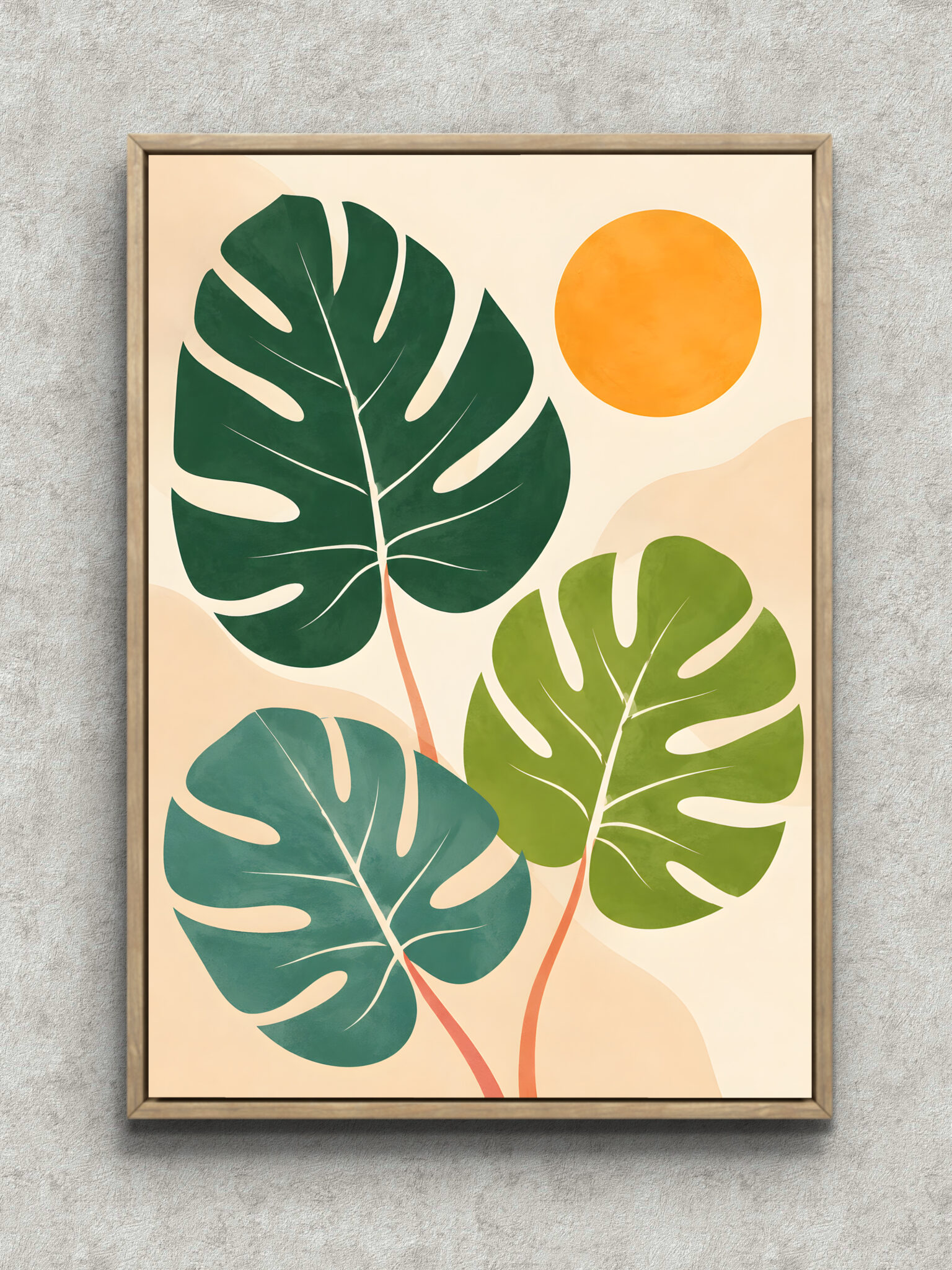 monstera-sun-botanical-art-panel-main-1-ma-10640.jpg 大きなモンステラの葉とオレンジの円を描いた縦構図のボタニカルアートパネル フレーム設置イメージ