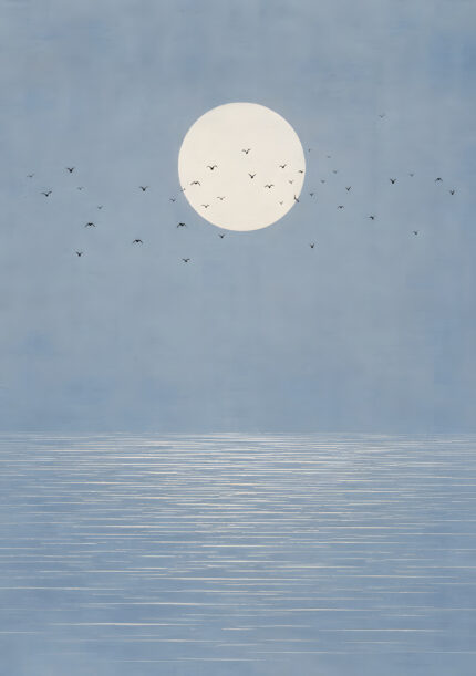 淡い青の空に満月と鳥影、水面の反射を描いた縦構図のアートパネル