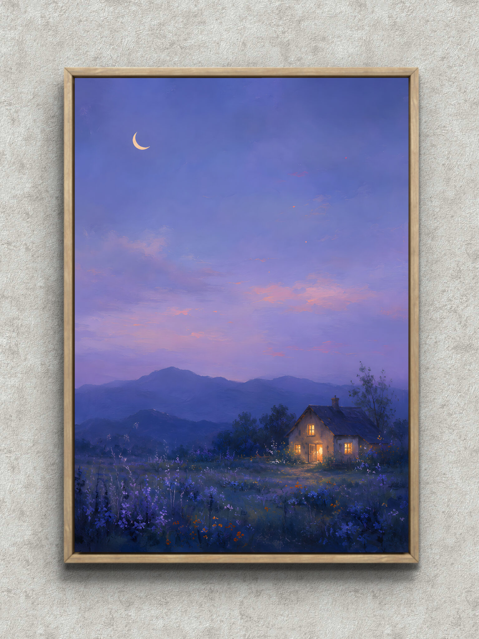 moonlight-house-landscape-abstract-interior-art-main-1-ma-10822.jpg 青紫の空に三日月と山あいの灯りを描いた風景アートパネル フレーム設置イメージ