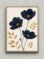 深いネイビーの花と金色の葉を描いた縦構図の植物 インテリアアート フレーム設置イメージ
