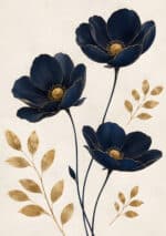 深いネイビーの花と金色の葉を描いた縦構図の植物 インテリアアート
