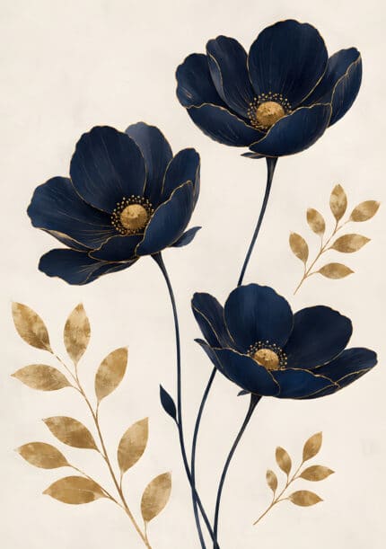 深いネイビーの花と金色の葉を描いた縦構図の植物 インテリアアート
