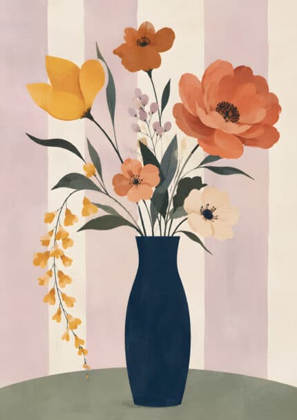 ネイビーの花瓶とオレンジの花を描いた植物 インテリアアート