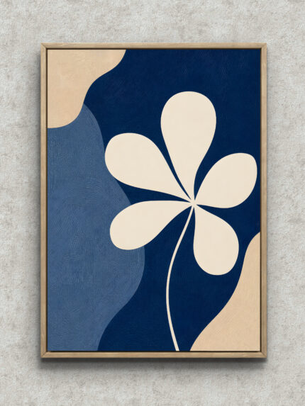ネイビーに白い五枚花のモチーフを描いたモダン 花 アートパネル フレーム設置イメージ