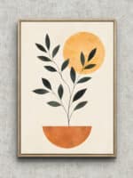生成り背景に黒緑の葉と橙の円形を描いた植物 インテリアアート フレーム設置イメージ