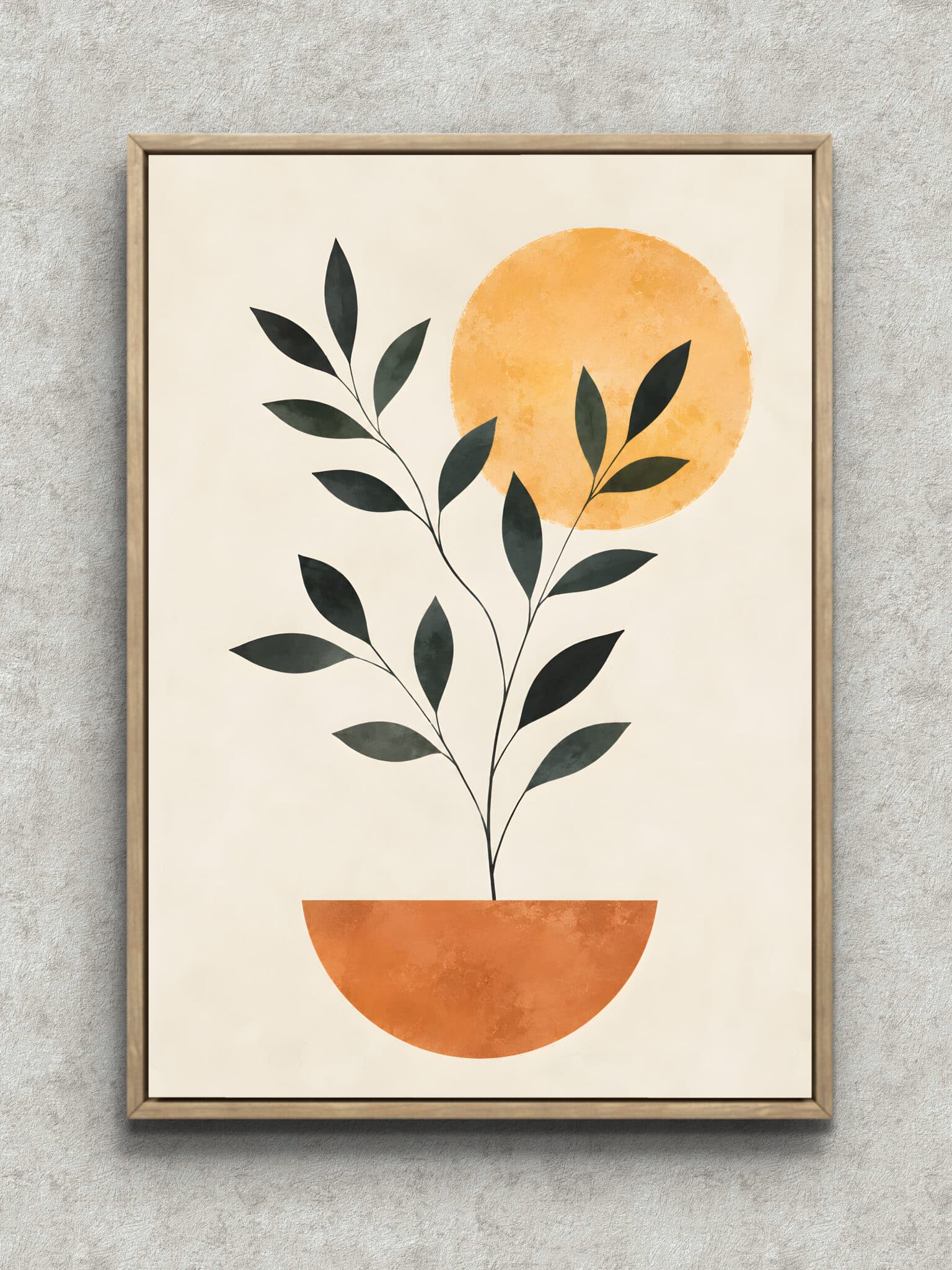 orange-circle-dark-leaf-botanical-interior-art-main-1-ma-10748.jpg 生成り背景に黒緑の葉と橙の円形を描いた植物 インテリアアート フレーム設置イメージ