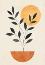 生成り背景に黒緑の葉と橙の円形を描いた植物 インテリアアート