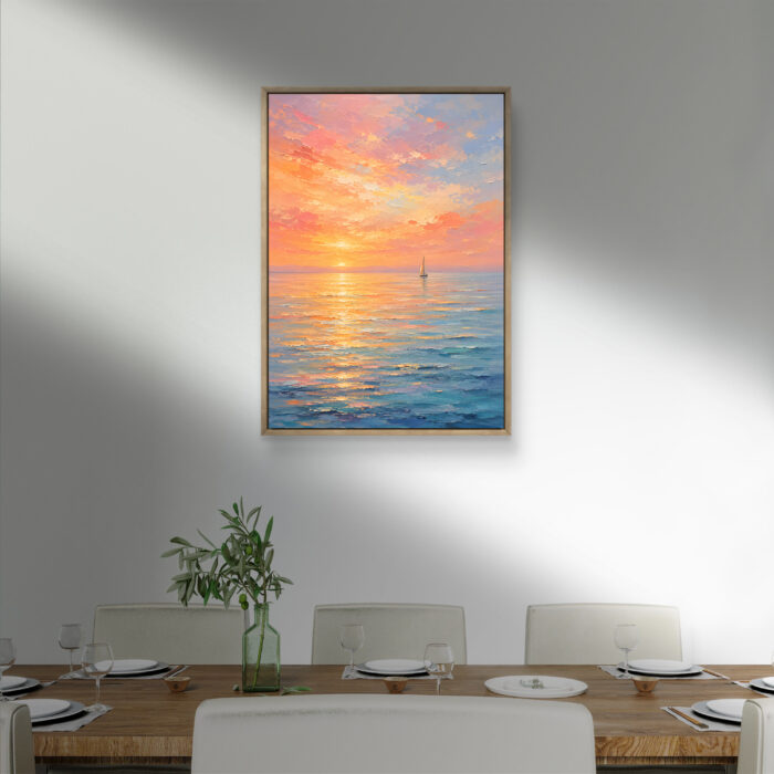 抽象 インテリアアート｜夕焼けの海と小さな帆船の風景