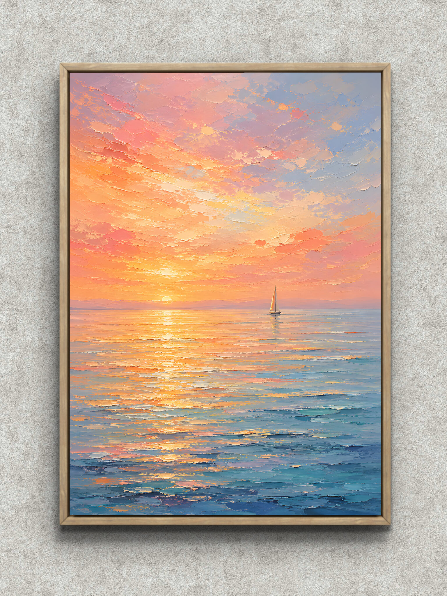 抽象 インテリアアート｜夕焼けの海と小さな帆船の風景