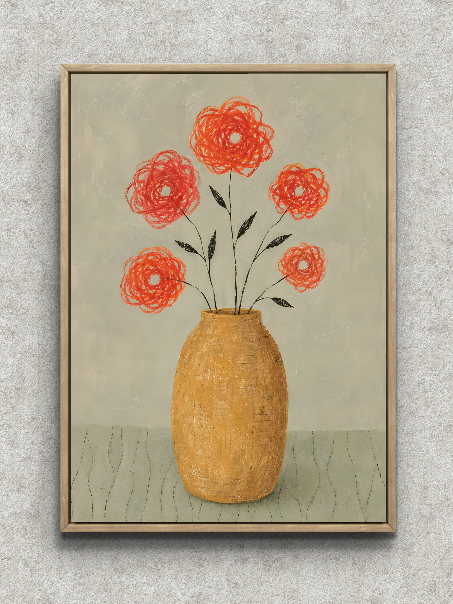 orange-vase-flower-interior-art-main-1-ma-10702.jpg 朱の花と土色の器を描いた植物 インテリアアート フレーム設置イメージ