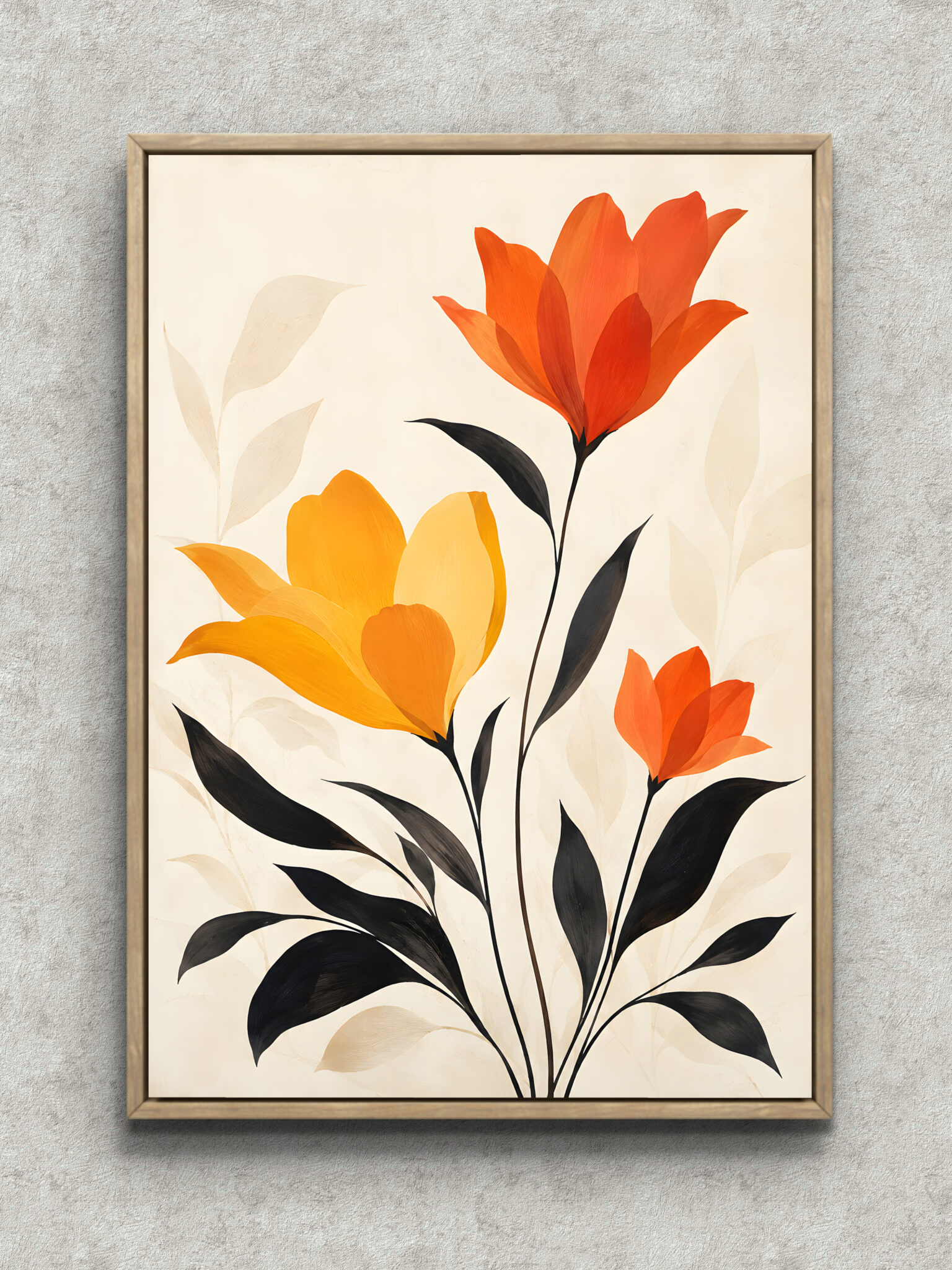 orange-yellow-floral-botanical-interior-art-main-1-ma-10784.jpg 黄とオレンジの大きな花と黒い葉を描いた縦構図の植物 インテリアアート フレーム設置イメージ
