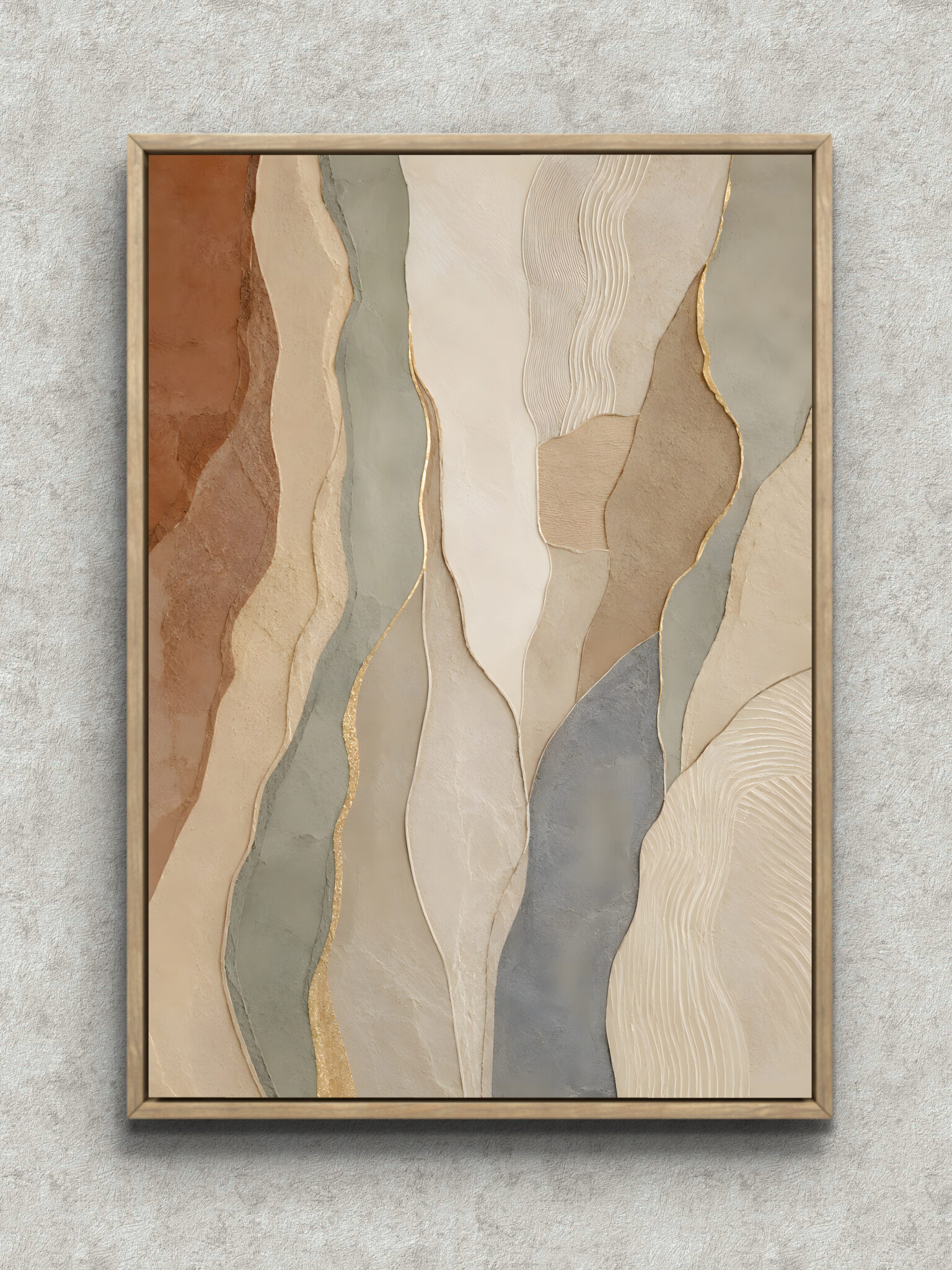 organic-layered-interior-art-main-1-ma-10629.jpg 波打つベージュの層と金色の縁取りが見える縦構図の植物 インテリアアート フレーム設置イメージ