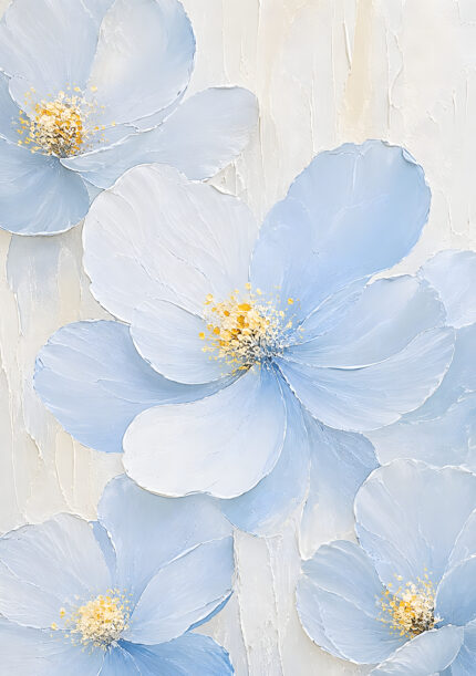 淡い水色と白の大輪の花を重ねた抽象 インテリアアート