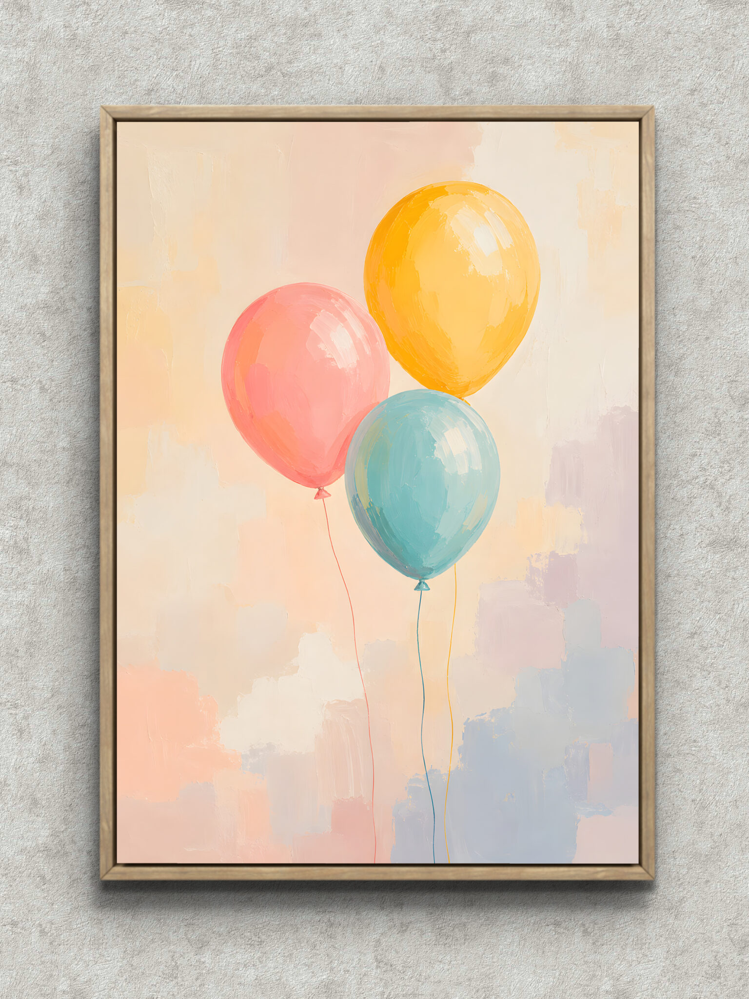 pastel-balloon-abstract-interior-art-main-1-ma-10639.jpg ピンクと黄色と水色の風船が淡い背景に浮かぶ抽象 インテリアアート フレーム設置イメージ