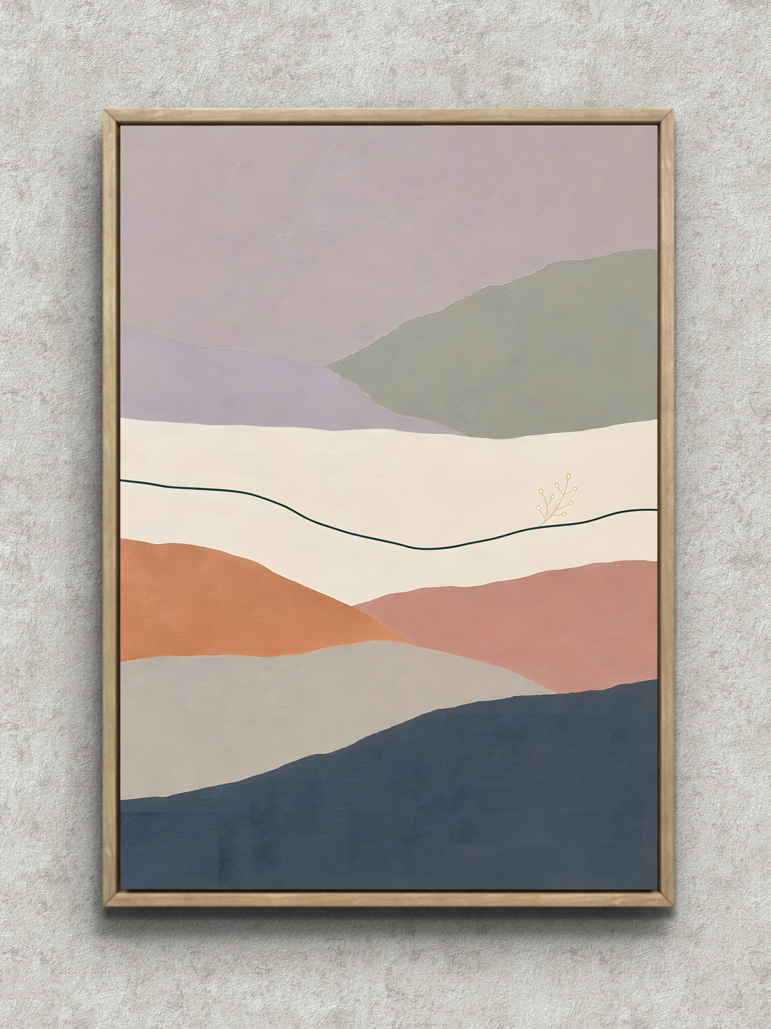 pastel-hill-plant-interior-art-main-1-ma-10693.jpg 淡いラベンダーとセージグリーンの丘のような色面に細い植物線を添えた植物 インテリアアート フレーム設置イメージ